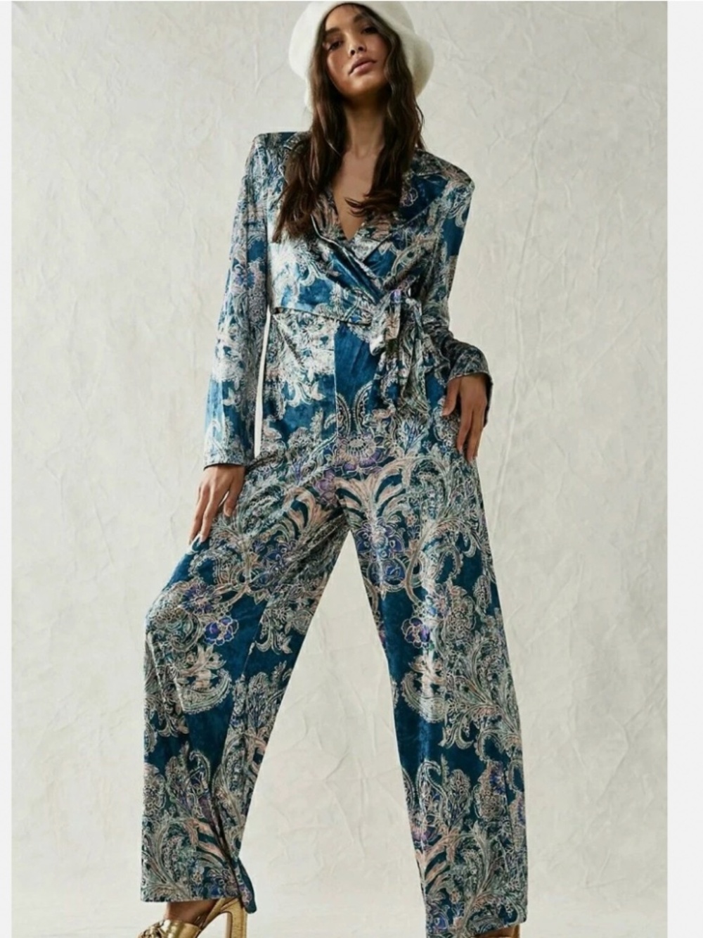 Free People Delphine Jumpsuit Blue Velvet Paisley Printed XS NWOT